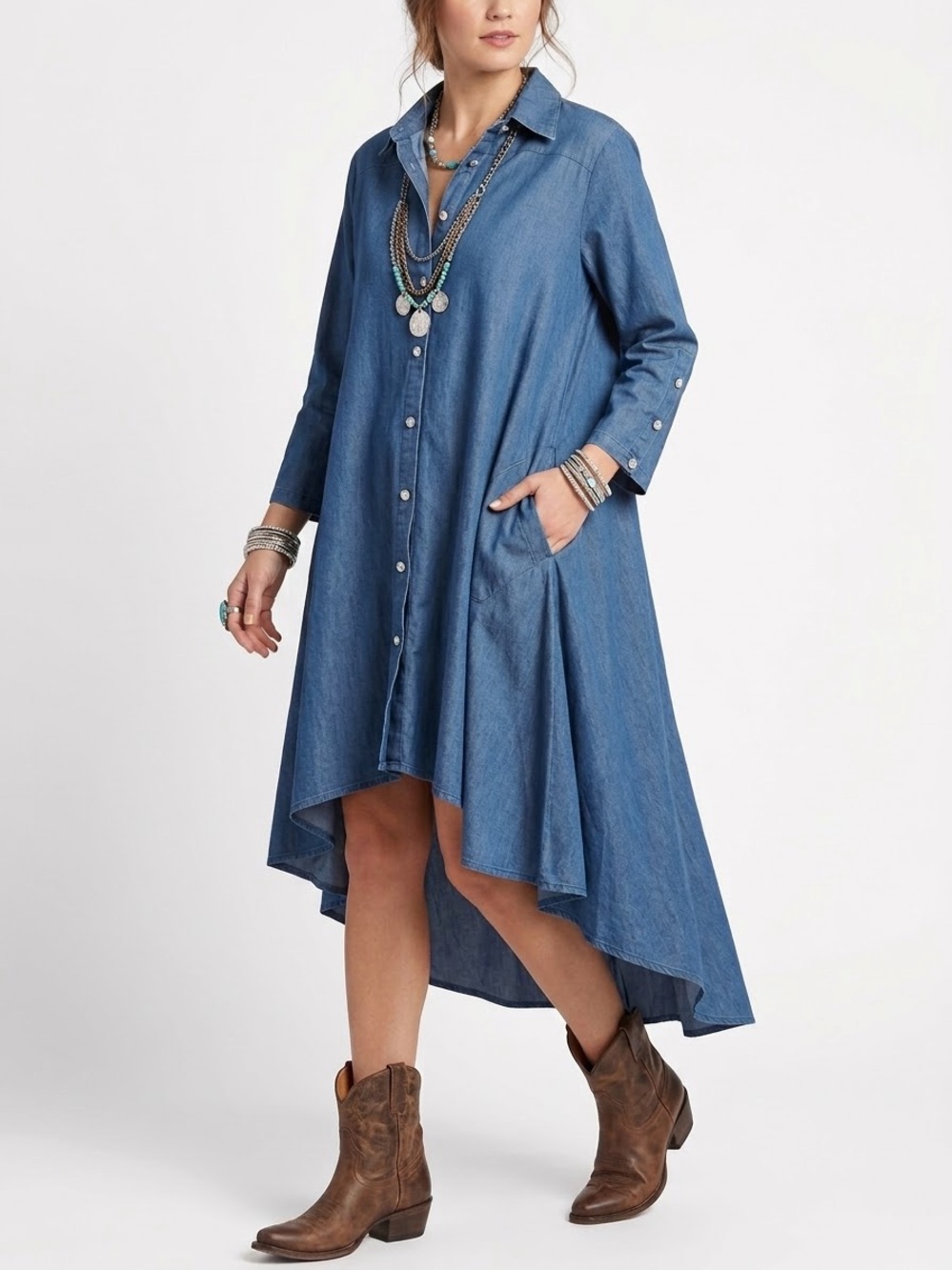 Step In Style $80 P2P21-22” 100% Ctn Denim & Rhinestone Hi-Low Duster/Dress XL